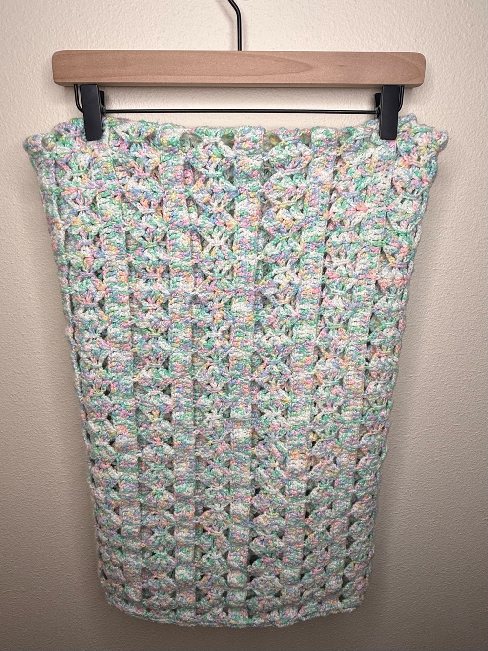 Handmade Crochet Pastel Rainbow Throw Blanket 48x46 Textured Openwork Afghan